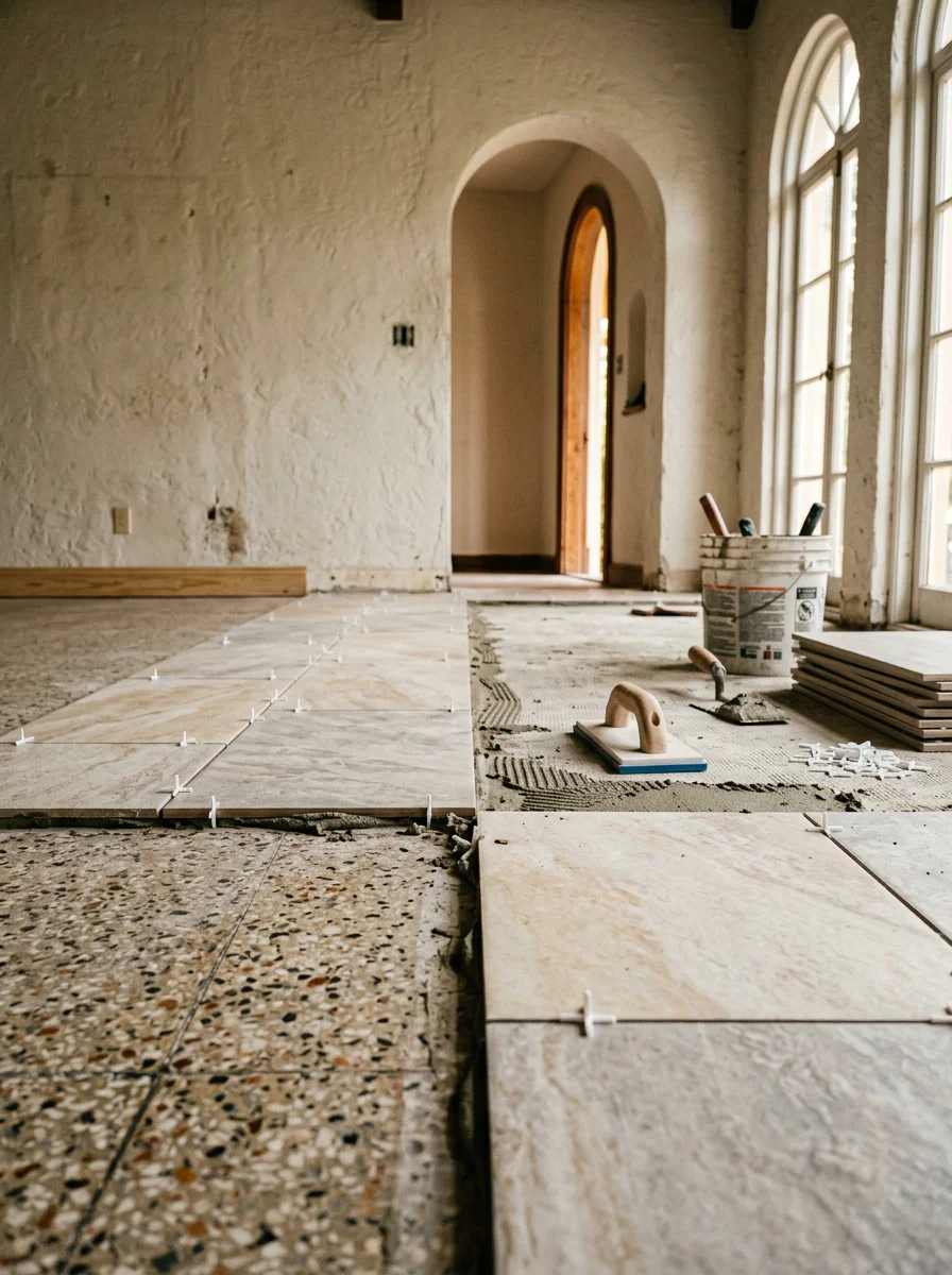 Porcelain tile floor installation in a Coral Gables living room with original stucco walls and arched doorways visible in the background, showing the transition from old terrazzo to new tile.