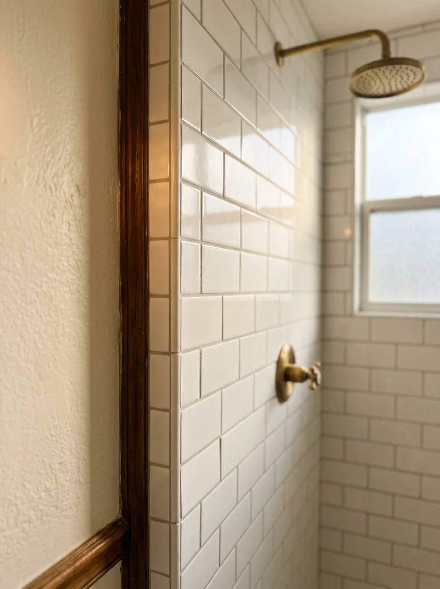 New wall tile installation in a Fort Lauderdale bathroom shower with epoxy grout, replacing original 1930s mortar-bed tile in a Victoria Park wood-frame home.