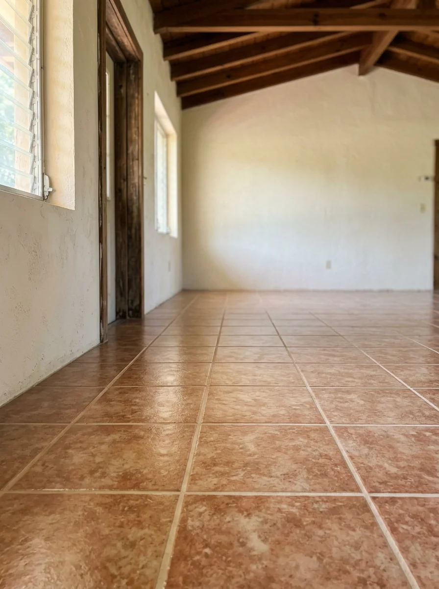 Porcelain tile floor installation in a Homestead ranch-style home in the Redland area, showing the finished surface after removal of original mastic-set ceramic tile and slab preparation.
