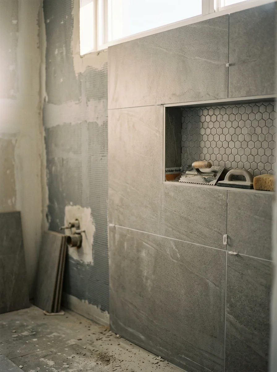 Close-up of large-format wall tile installation in a Miami bathroom shower surround, showing tight grout lines and a waterproofed niche shelf in a compact condo-style layout.