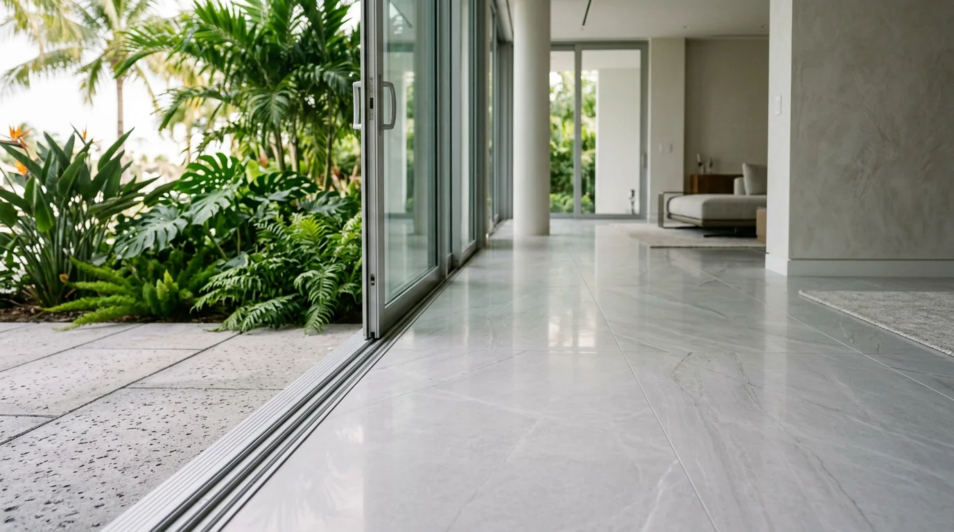 Wide-format porcelain tile floor installed in a Miami residential living room with floor-to-ceiling glass doors opening to an outdoor terrace, showing the slab-level transition between indoor and outdoor surfaces.
