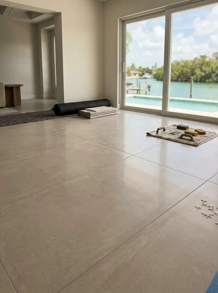 Large-format porcelain tile floor installation in a Pompano Beach canal-front home, showing the finished surface after terrazzo removal and slab preparation with a view of the Garden Isles waterway.