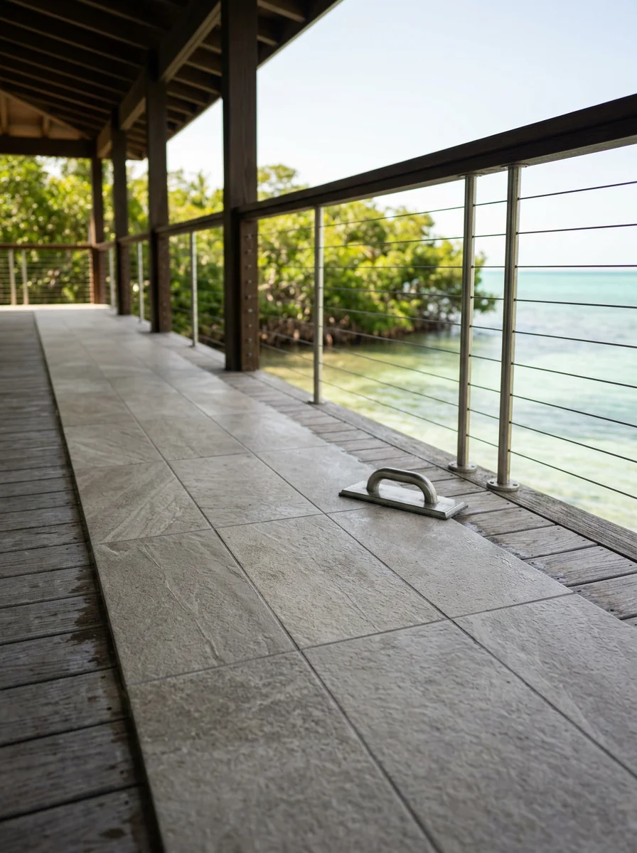 Exterior porcelain tile installation on a covered deck of a Florida Keys waterfront home, showing UV-stable tile rated for exterior use with a view of open water and mangroves in the background.