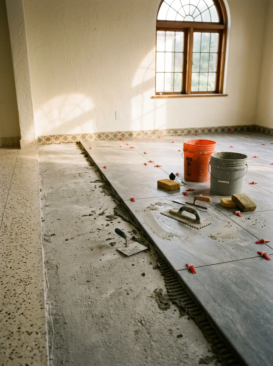 Porcelain tile floor installation in a West Palm Beach Flamingo Park Mission-style home, showing the transition from removed terrazzo to new large-format tile on a prepared concrete slab.