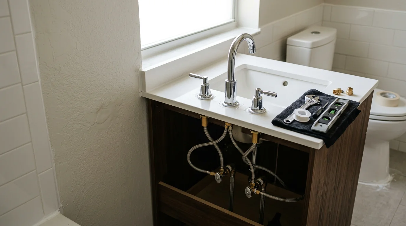 A newly installed bathroom faucet and sink in a Miami residential bathroom, with clean supply line connections and a finished vanity surround. Close-up shows the fixture seated flush against the deck with no visible gaps or sealant gaps.