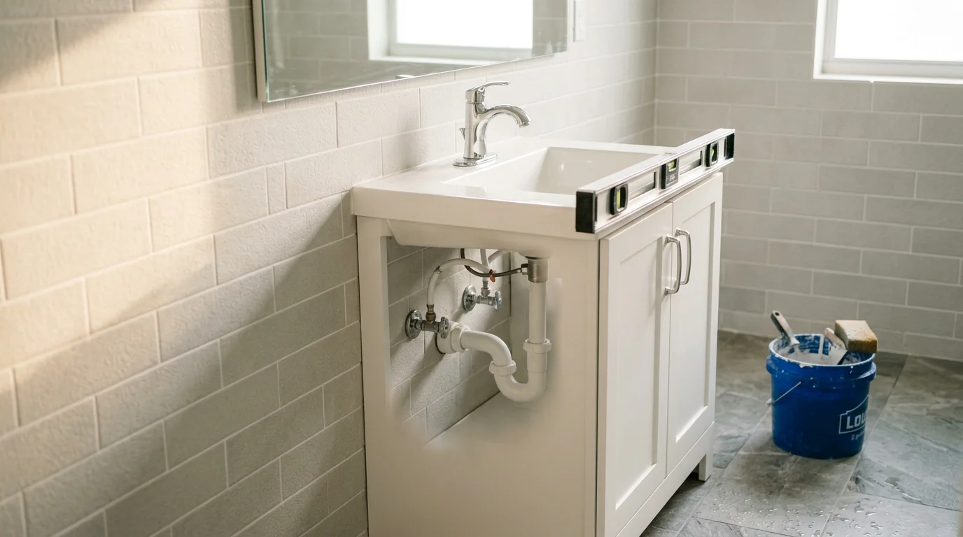 A newly installed single bathroom vanity with a white cabinet, integrated sink, and brushed-nickel faucet in a Miami residential bathroom. The wall behind the vanity is clean and dry, with fresh caulk along the base and a coordinating mirror above.