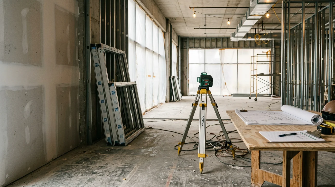 Interior of a commercial office space mid-renovation in Miami, Florida, showing exposed framing, new drywall installation, and updated structural elements. A general contractor reviews plans on-site in a South Florida commercial building.