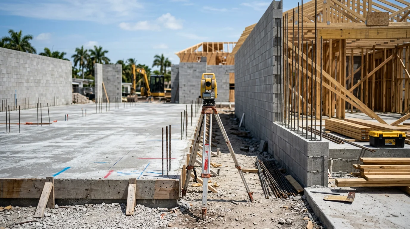 Ground-up custom home construction in Miami, Florida, showing a newly framed residential structure with concrete block walls and an open roof line against a clear South Florida sky. A Freire Builders LLC project in progress in Miami-Dade County.