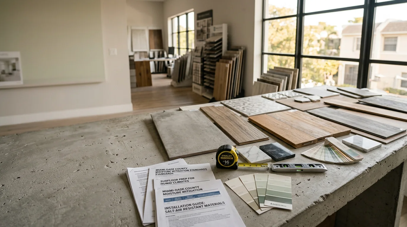 Custom flooring design consultation in a Miami home, showing material samples laid across a concrete slab subfloor with porcelain tile and luxury vinyl plank options displayed side by side. A Freire Builders LLC team member reviews layout options with a homeowner in a bright South Florida living space.