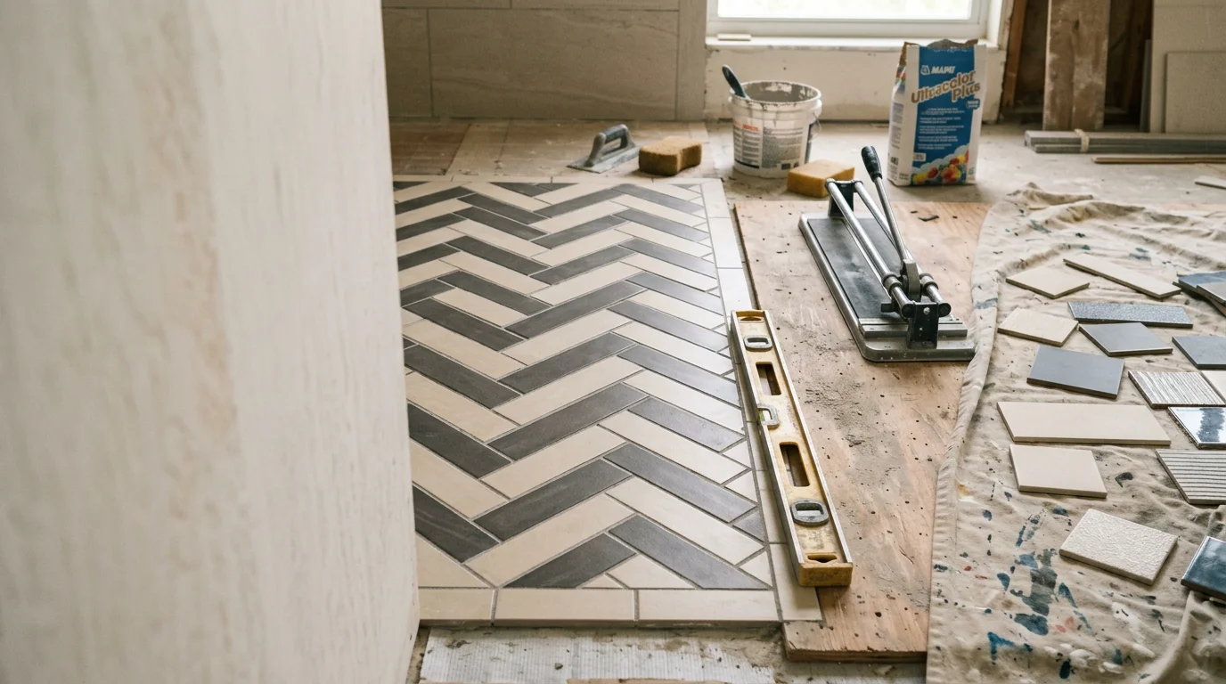 Custom tile design installed in a Miami home bathroom, featuring a hand-planned geometric porcelain layout across the floor and lower wall. Father-and-son tile contractors from Freire Builders LLC completed the design and installation as a single continuous project.