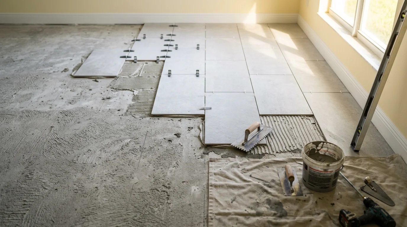 Freshly installed large-format porcelain floor tile in a Miami home interior, showing tight grout lines and a smooth, level surface extending across an open living area. The finished floor reflects natural light coming through sliding glass doors typical of South Florida residential construction.