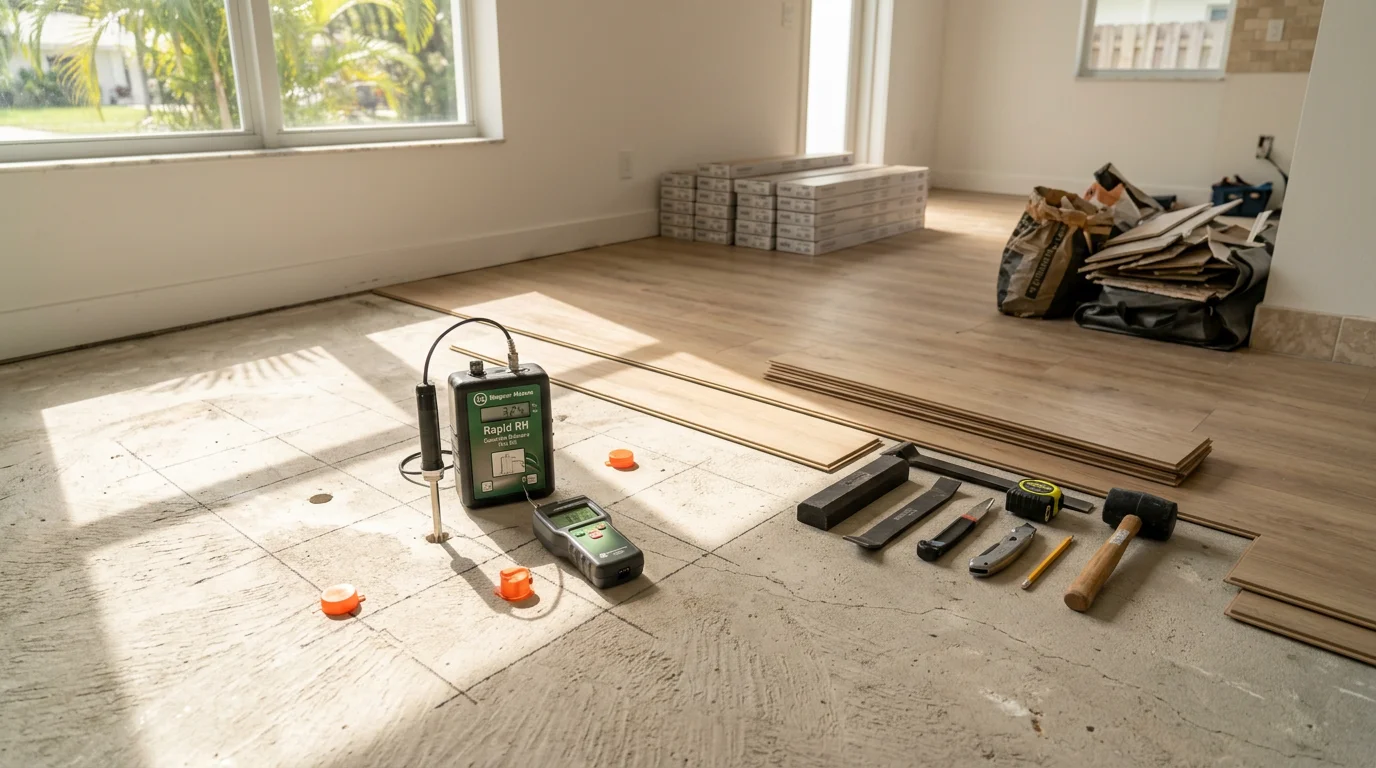 Freshly installed luxury vinyl plank flooring in a Miami residential living room, with clean trim transitions and natural light reflecting off the surface. Father-and-son flooring contractors from Freire Builders LLC completing a South Florida home installation.