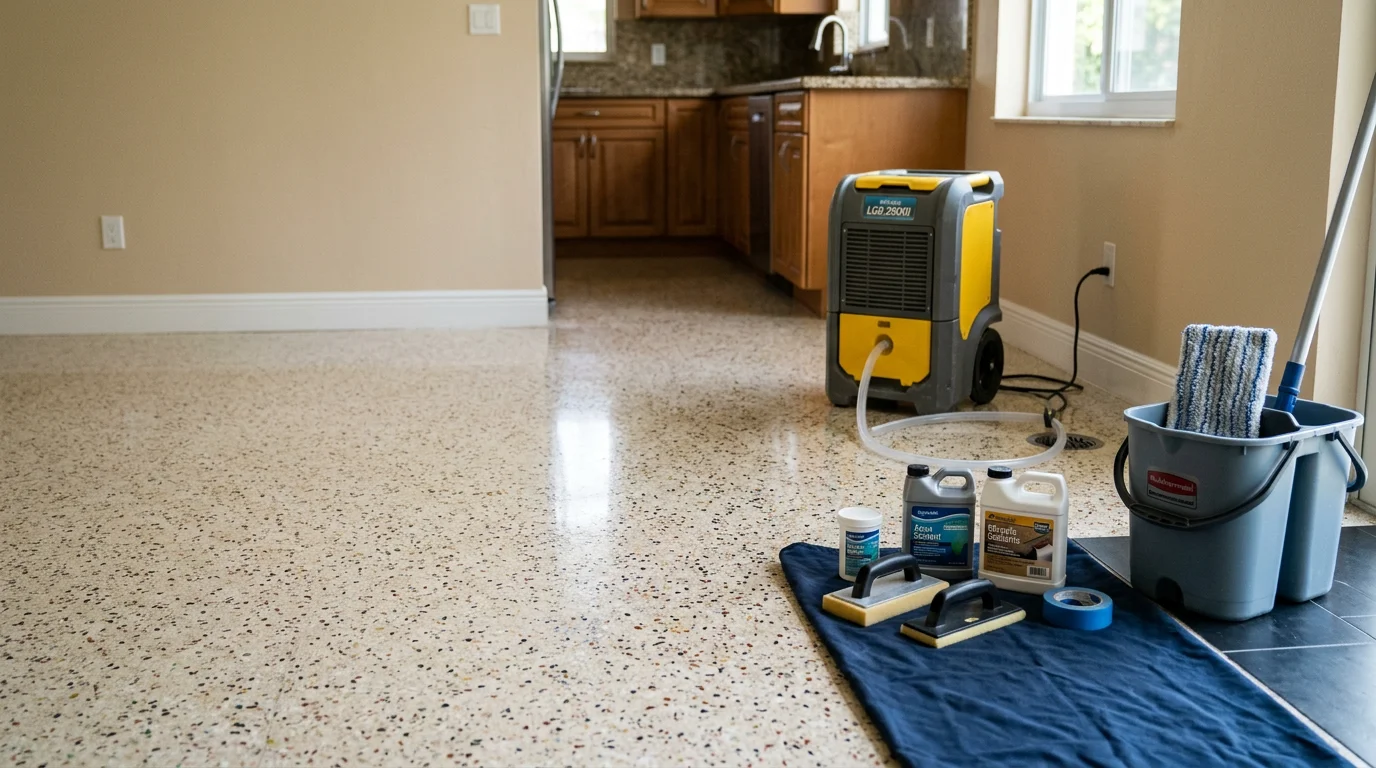 A professional flooring contractor cleaning and maintaining a hardwood floor inside a Miami, Florida home, with bright natural light showing the restored surface finish.