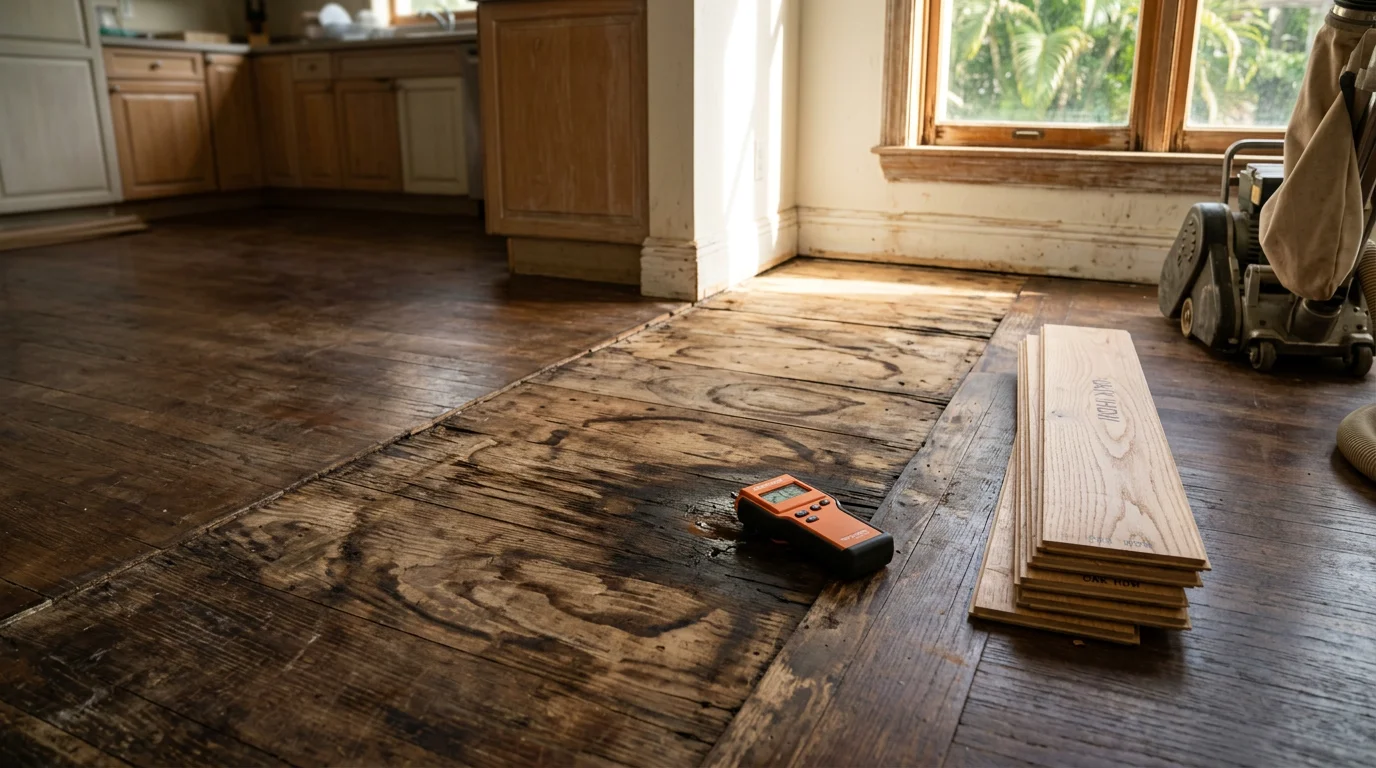 A repaired hardwood floor in a Miami, Florida home showing seamlessly matched boards after water damage repair. The finished surface is smooth, even, and consistent in color with the surrounding original flooring.