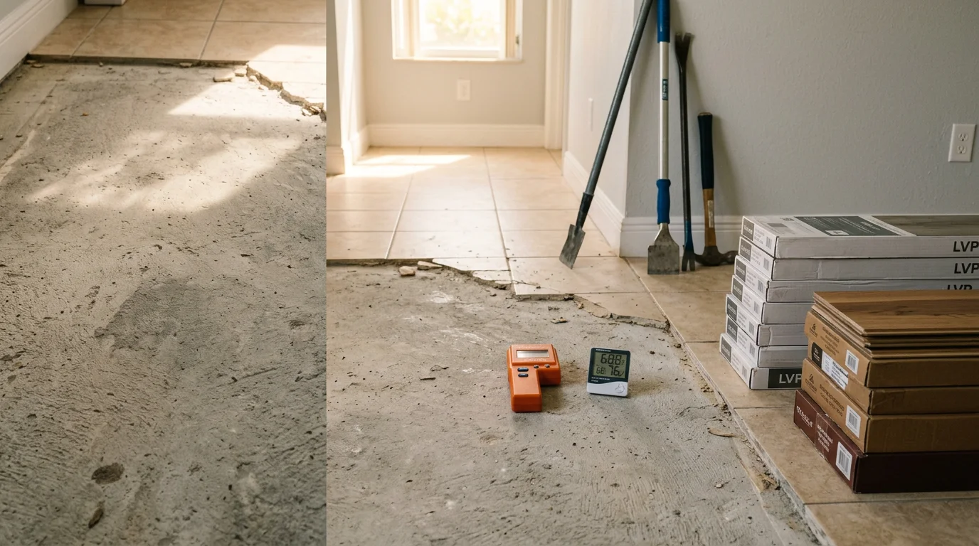 Newly installed waterproof luxury vinyl plank flooring in a Miami home living room, with clean edges meeting the baseboard and natural light coming through large windows. A father-and-son flooring crew from Freire Builders LLC completes the final inspection of the finished floor.