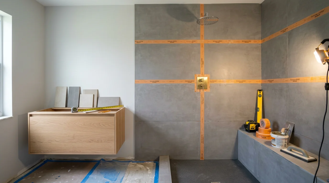 Finished full bathroom remodel in a Miami-area home showing new tile flooring, updated vanity, and modern lighting. The space reflects the clean, moisture-resistant finishes suited to South Florida's coastal climate.