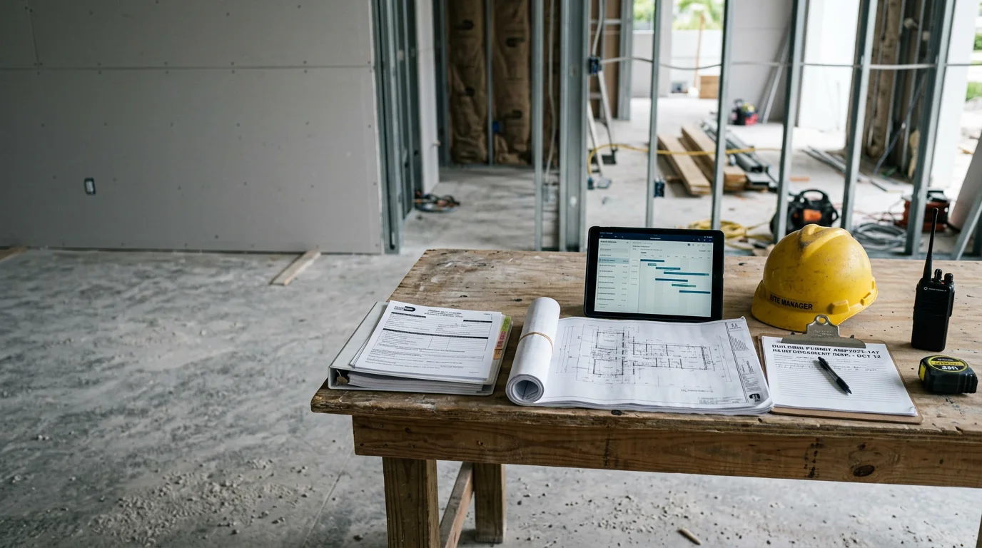 A construction project manager reviewing building plans on a Miami job site with a multi-story residential structure in the background. The scene shows active site coordination in a South Florida urban setting.