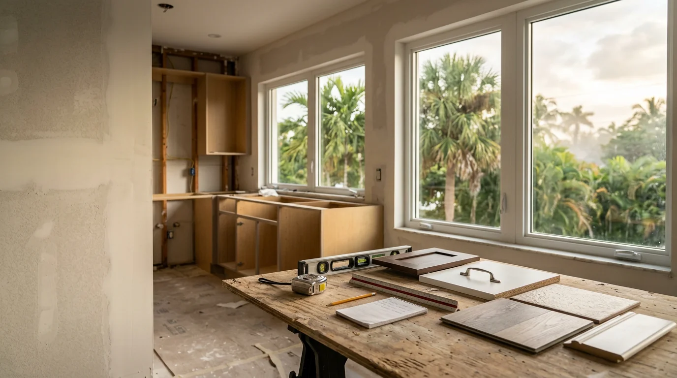 A renovated Miami residential kitchen featuring open cabinetry and moisture-resistant finishes suited to South Florida's humid coastal climate. The remodel reflects the craftsmanship of a locally owned general contracting team serving Miami-Dade and Broward County homeowners.