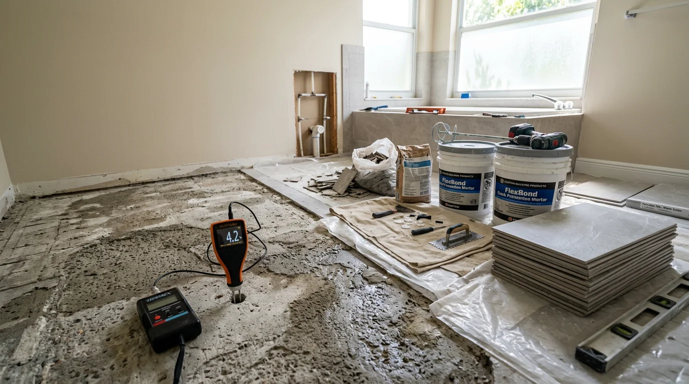 Freshly installed porcelain floor tile in a Miami home bathroom, showing clean grout lines and a smooth, level surface after full tile replacement. The finished floor reflects the bright natural light common in South Florida interiors.